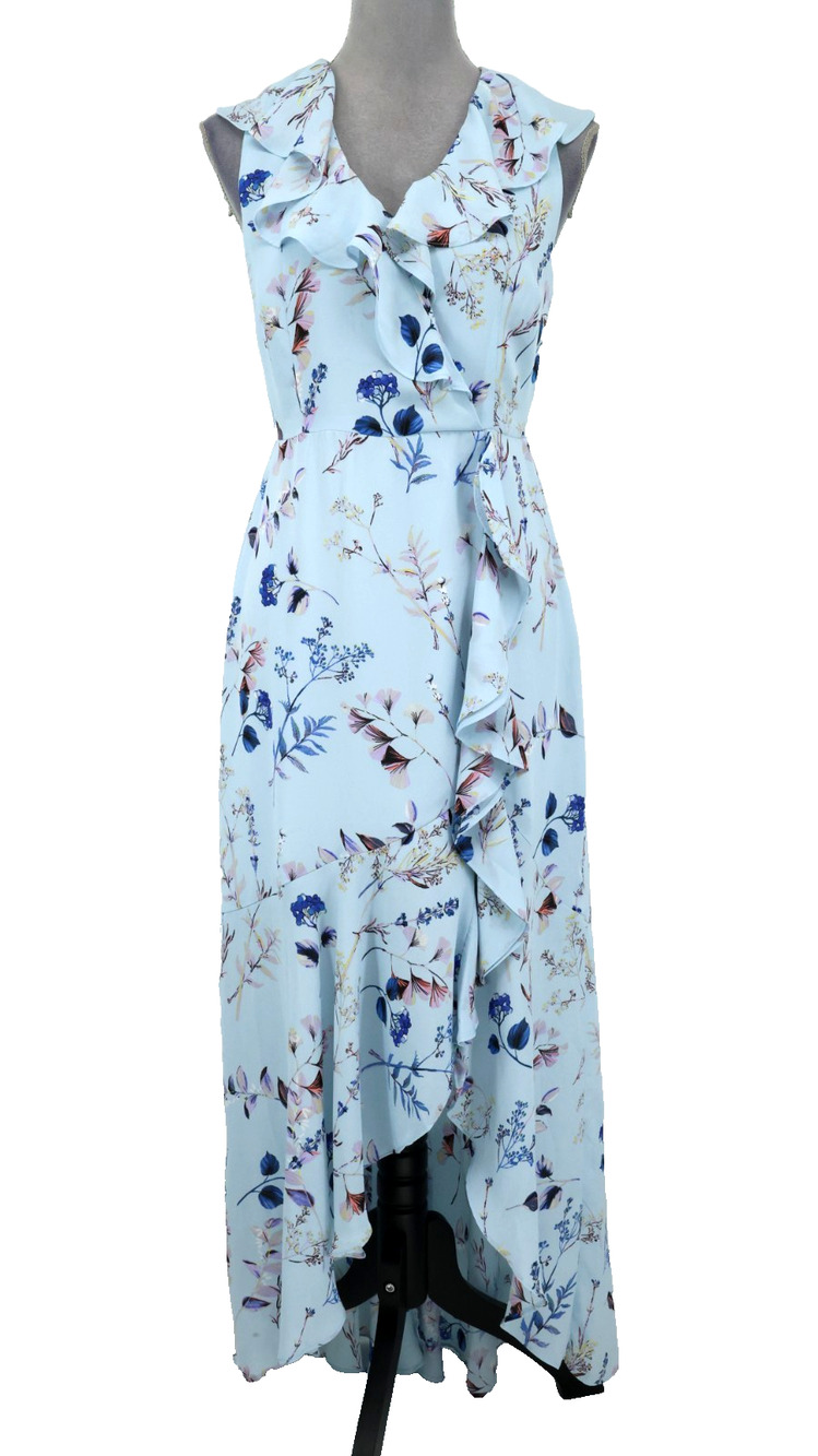 Banana Republic Dress Womens 4 Light Blue Floral Ruffle Asymmetric Hem Faux Wrap